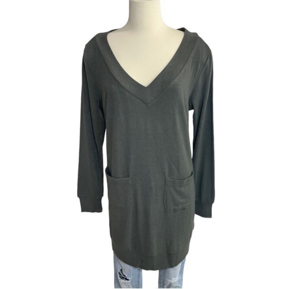 Gray Oversized Tunic Sweater V Neck Pockets Women’s Small